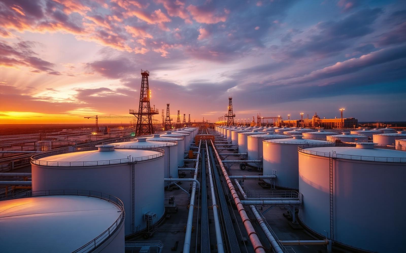 Fuel storage terminal at sunset